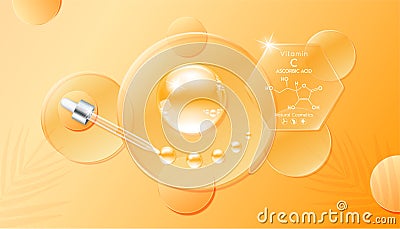 Serum gel drop orange on transparent circle glass. Cosmetic product swatch vitamin C structure on display podium. Vector Illustration