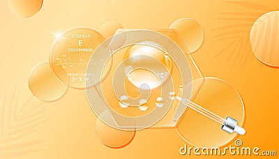 Serum gel drop orange on transparent hexagon glass. Cosmetic product swatch vitamin E structure on display podium. Vector Illustration