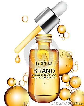 Serum oil golden bottle with yellow drops Vector Illustration