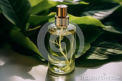 Serum vessel adorning vibrant green leaves, a perfect fusion of skincare and nature Stock Photo