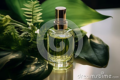 Serum vessel adorning vibrant green leaves, a perfect fusion of skincare and nature Stock Photo