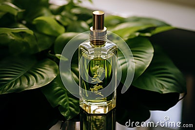 Serum vessel adorning vibrant green leaves, a perfect fusion of skincare and nature Stock Photo