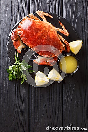 Served boiled delicacy brown crab with sauce, lemon and parsley Stock Photo