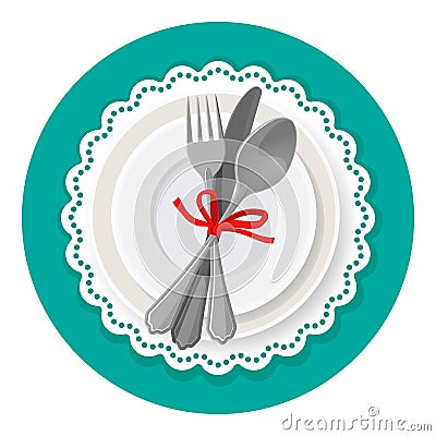 Served dinner plate with cutlery spoon fork and knife Vector Illustration