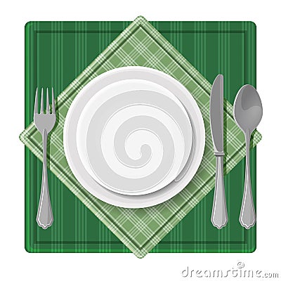 Served dinner plate with cutlery spoon fork and knife on green Vector Illustration