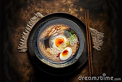 served dinner table with japanese tonkotsu ramen bowl Stock Photo