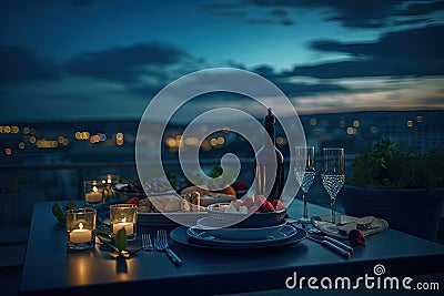 Served Dinner Table on Roof Terrace, Evening Food with Wine, Romantic Candles, Old Town View Stock Photo