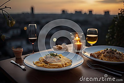 Served Dinner Table on Roof Terrace, Evening Food with Wine, Romantic Candles, Old Town View Stock Photo