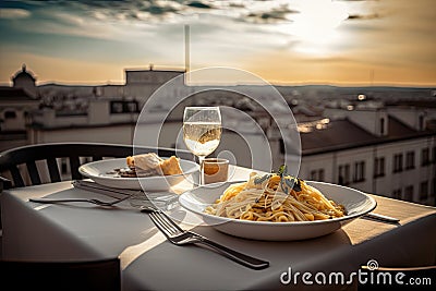 Served Dinner Table on Roof Terrace, Evening Food with Wine, Romantic Candles, Old Town View Stock Photo