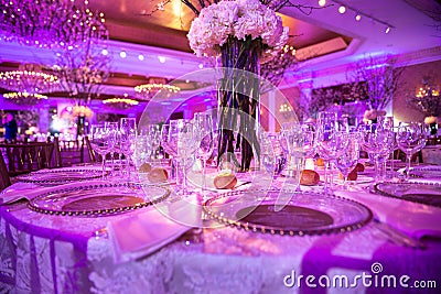 Served table for dinner on the wedding party at luxury hotel restaurant Stock Photo