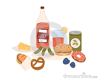 Served unhealthy high-carb snacks, fast and junk food. Fat burger, hotdog, pickles, bottle of sweet juice and donut Vector Illustration