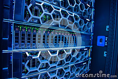 The server room tells the computer server that is working continuously. Convey the power and progress Stock Photo