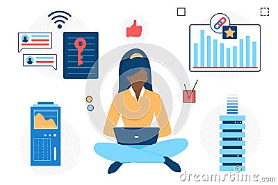 Server data protection, woman system administrator, information flow control. Vector Illustration