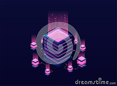 Server. Digital space. Data storage. Data processing center. Great date. Conceptual illustration, data flow. Vector Illustration