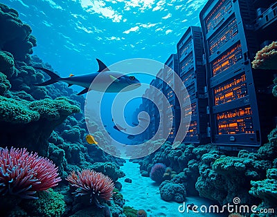 Server farm embedded in a coral reef, with encrypted data polyps ensuring underwater cybersecurity resilience Stock Photo