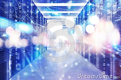 Server farm with network connection effects and codes Stock Photo