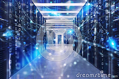 Server farm with network connection effects and codes Stock Photo