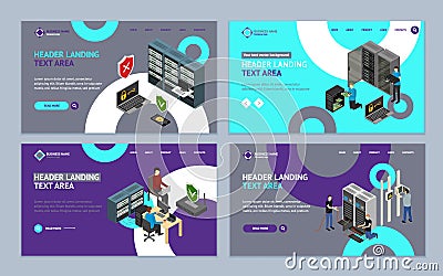 Server Hardware Landing Web Page Template Set Isometric View. Vector Vector Illustration