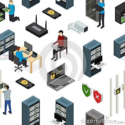Server Hardware Seamless Pattern Background Isometric View. Vector Vector Illustration
