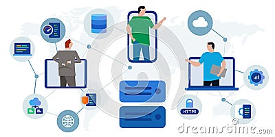 Server hosting datacenter global hardware infrastructure international collaboration cooperation management storage Vector Illustration