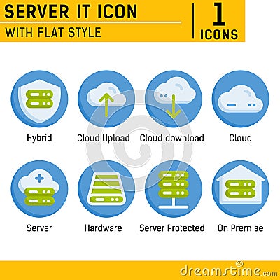Server IT icon set contains such icons as cloud, hybrid, server, hardware, on premise and other. Server IT icon with flat style Vector Illustration