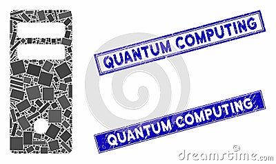 Server Mainframe Mosaic and Grunge Rectangle Quantum Computing Seals Vector Illustration