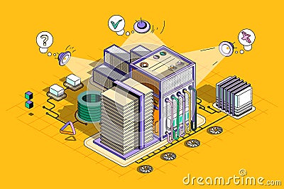 Server maintenance concept 3d isometric outline web design Vector Illustration