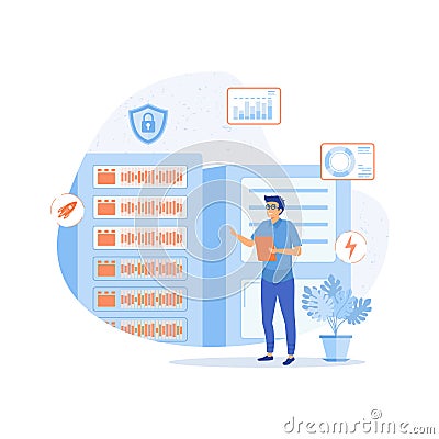 Server maintenance with monitoring tools Vector Illustration