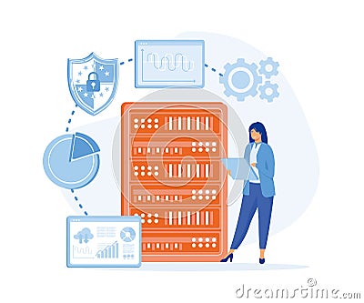 Server maintenance with monitoring tools. Managed server service solution, Vector Illustration