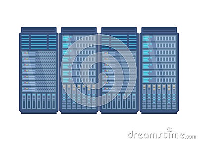 Server rack, network station, database hosting, storage, cloud storage, administration. Vector Illustration
