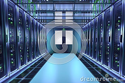 Server racks in data center hall. Communication equipment Stock Photo