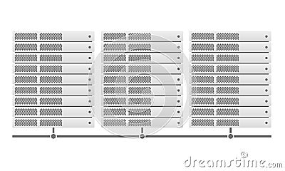 Server racks joined by a link. Material design. Grey. Vector Illustration