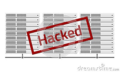 Server racks. Red stamp message Hacked. Virus Erebus encryptor. Stock Photo