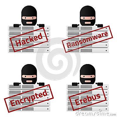 Server Red stamp messages Hacked, Ransomware, Encrypted, Erebus. Vector Illustration