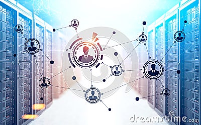 Server rom interior with a network sketch Stock Photo