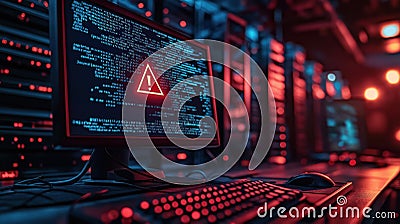 Server room alert. Computer screen shows tech warning. Dimly lit room with server racks. Digital security threat. Cybersecurity Stock Photo