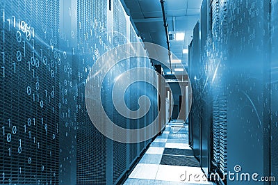 Server room in big data center with binary code design. Modern interior super computer for digital communications and internet in Stock Photo