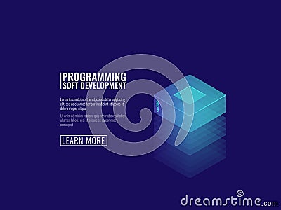 Server room, big data processing center and database, computer digital technology, neon dark isometric Vector Illustration