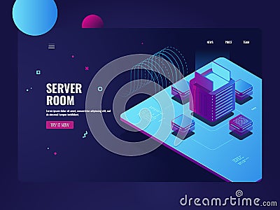 Server room, big data processing, cryptocurrency mining process, datacenter and database concept, application Vector Illustration