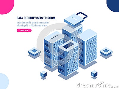 Server room cabinet, data center and database isometric icon, server rack farm, blockchain technology, web hosting, data Vector Illustration