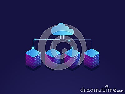 Server room, cloud storage icon, datacenter and database concept, data exchange process isometric Vector Illustration