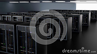 Server room data center. Backup, hosting, mainframe, farm and computer rack with storage information. 3d render Cartoon Illustration