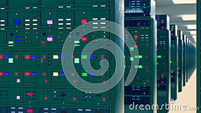 Server room data center. Backup, mining, hosting, mainframe, farm and computer rack with storage information. 3d render Cartoon Illustration