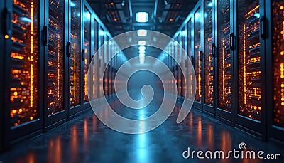 Server room data center with cyber data exchange. Digital web networking system, database storage, computer racks, Stock Photo