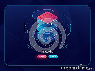 Server room, data center database, modern digital technology concept, isometric icon, interface virtual hologram, dark Vector Illustration