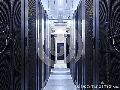 Server room data center network for virtual hosting services. Corridor inside with racks of supercomputers mainframe and high Stock Photo