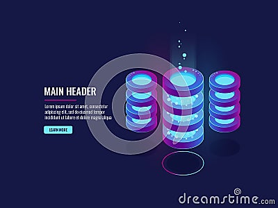 Server room, data flow and bigdata processing concept, cloud storage icon, futuristic digital technology dark neon Vector Illustration