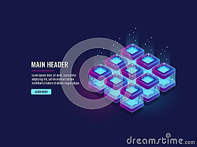 Server room, data flow and bigdata processing concept, cloud storage icon, futuristic digital technology dark neon Vector Illustration