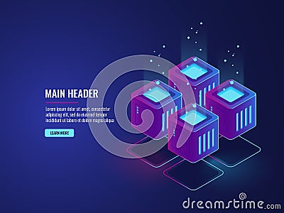 Server room, data flow and bigdata processing concept, cloud storage icon, futuristic digital technology dark neon Vector Illustration