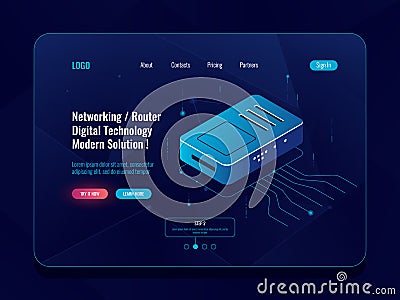Server room, data transfer concept isometric, router internet splitter, incoming and outgoing data stream, datacenter Vector Illustration